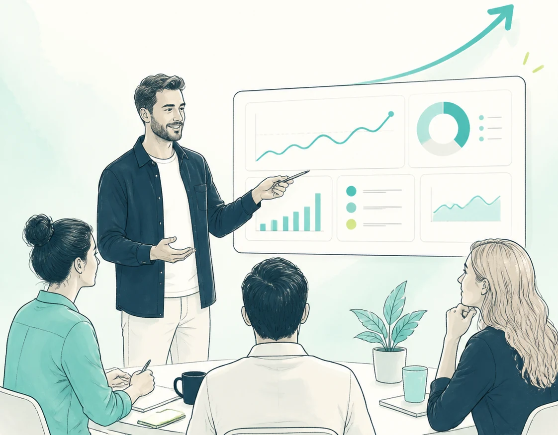 A sales team reviewing the dashboards together: conversion per stage, cycle time and forecast on a screen people actually open.