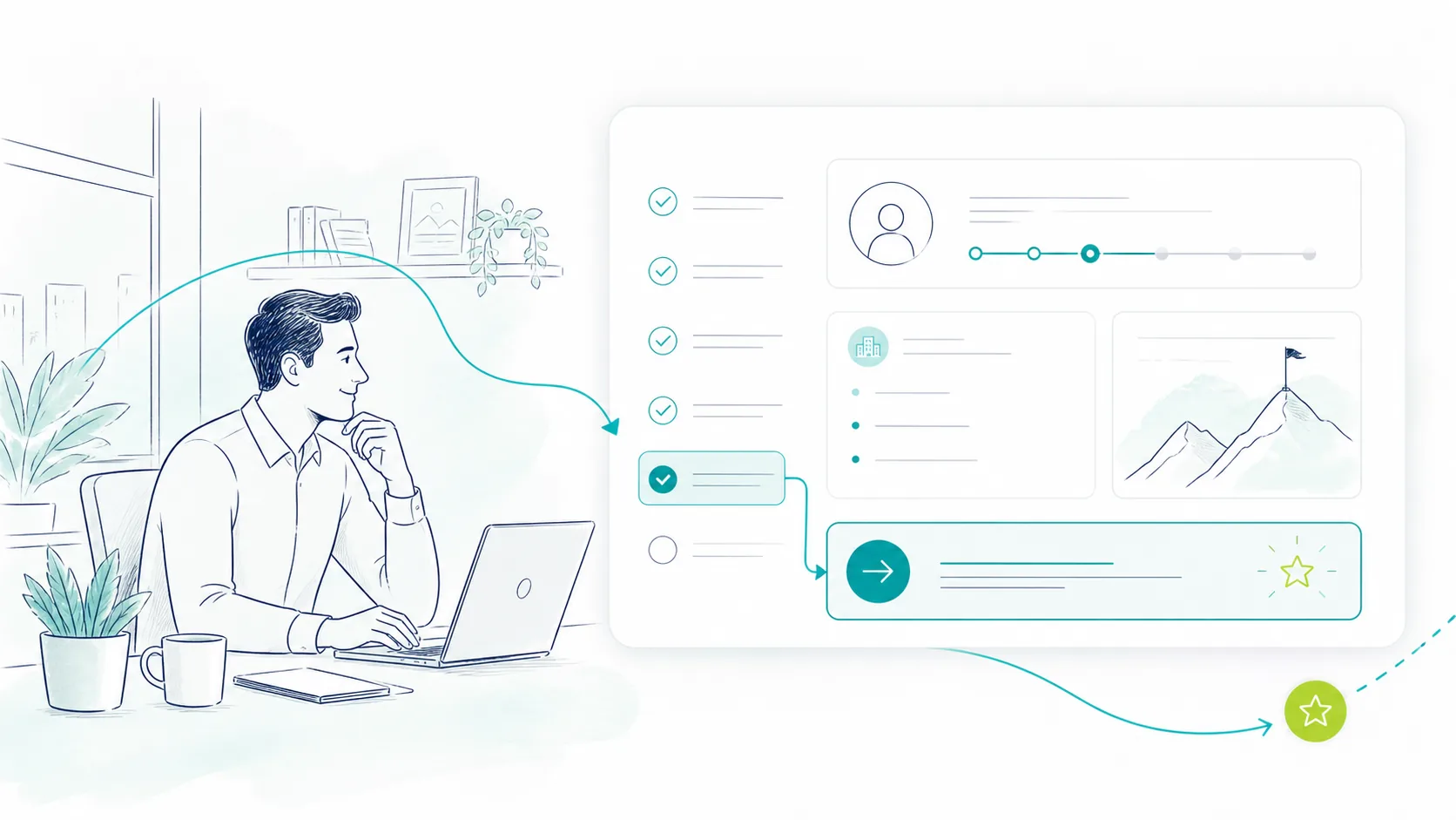 Lijnillustratie van een team dat door een CRM-proces wordt begeleid