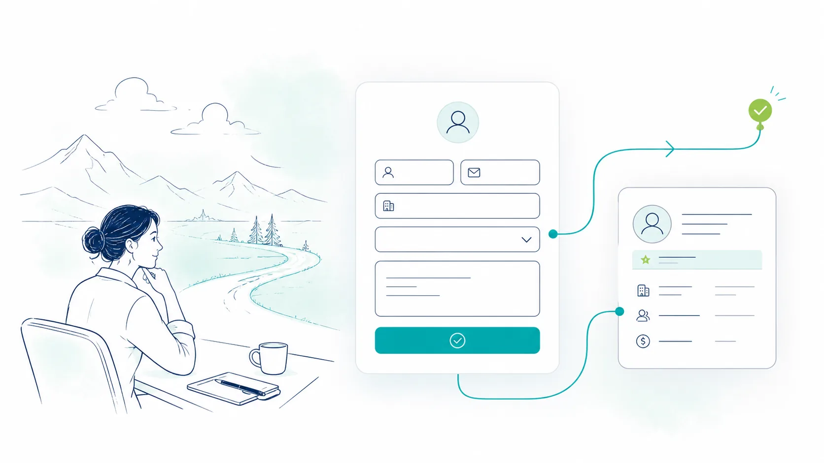 Lijnillustratie van een formulierinzending die in het CRM landt