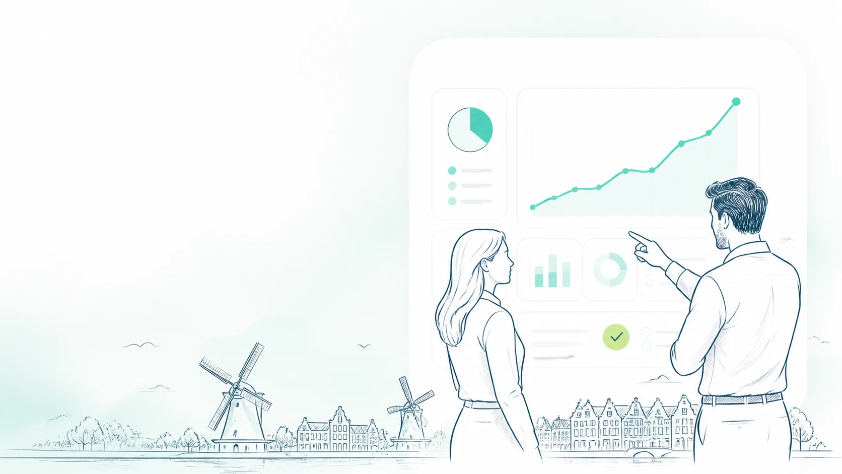 Lijnillustratie van een team dat samen naar één omzetdashboard kijkt